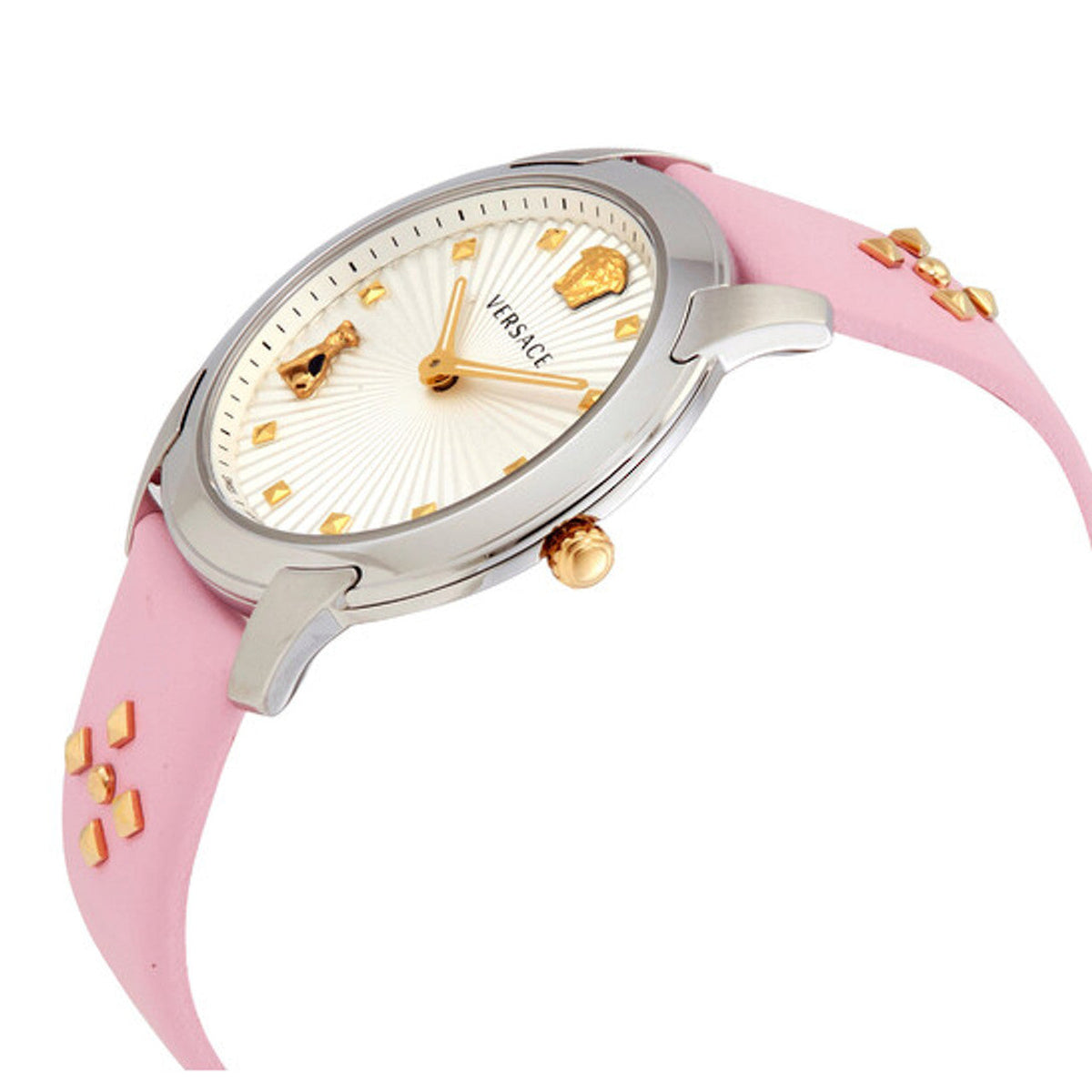 Angled view of Versace Audrey watch with silver case and pink leather strap