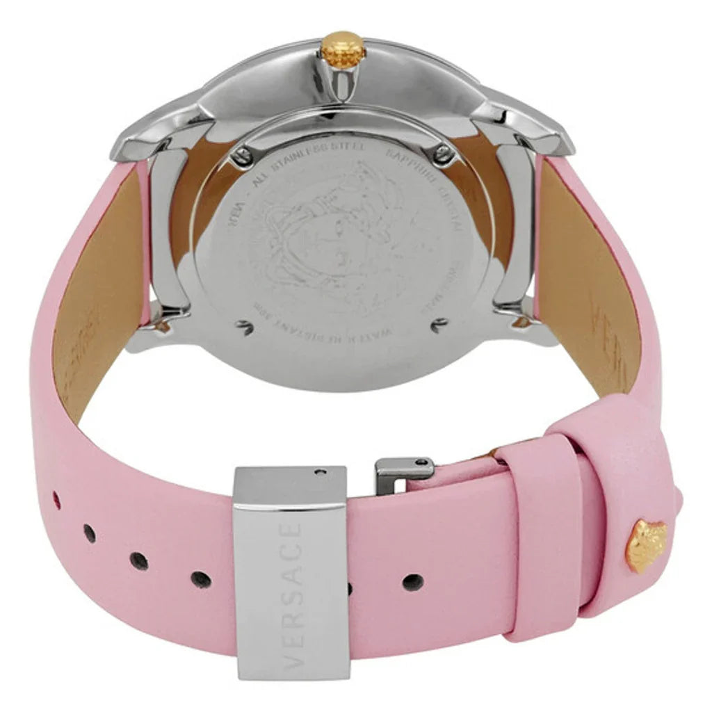 Caseback view of Versace Audrey watch with Medusa logo and Versace branding