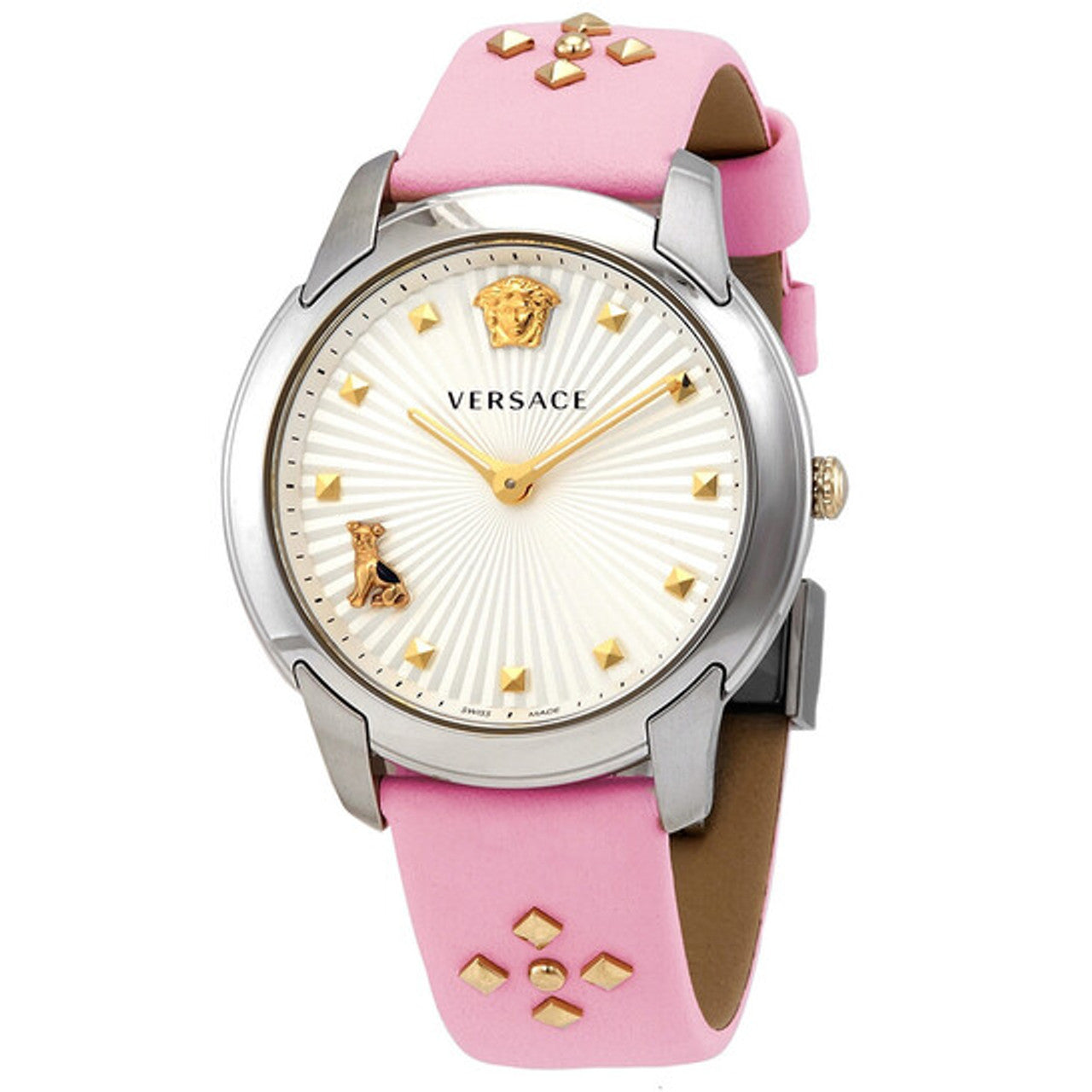 Versace Audrey watch on wrist showing silver dial with Medusa head and gold studs