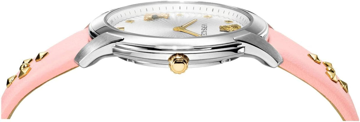 Side profile of Versace Audrey watch showing stainless steel case and pink strap