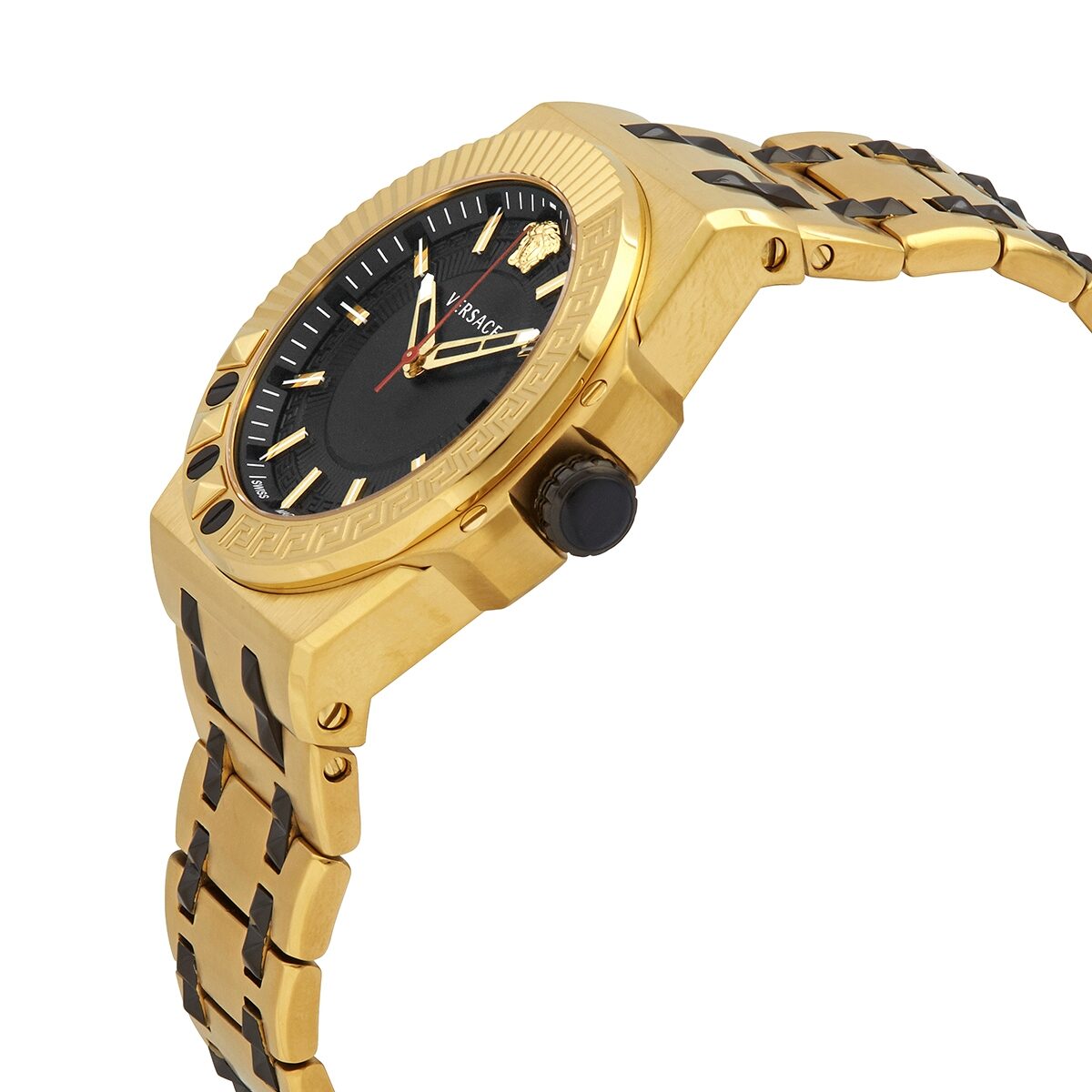Versace Chain Reaction watch showing side profile with gold case and black accent bracelet