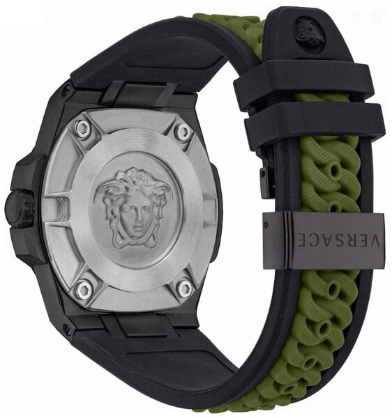 Versace Chain Reaction caseback with Medusa head design and green quilted rubber strap