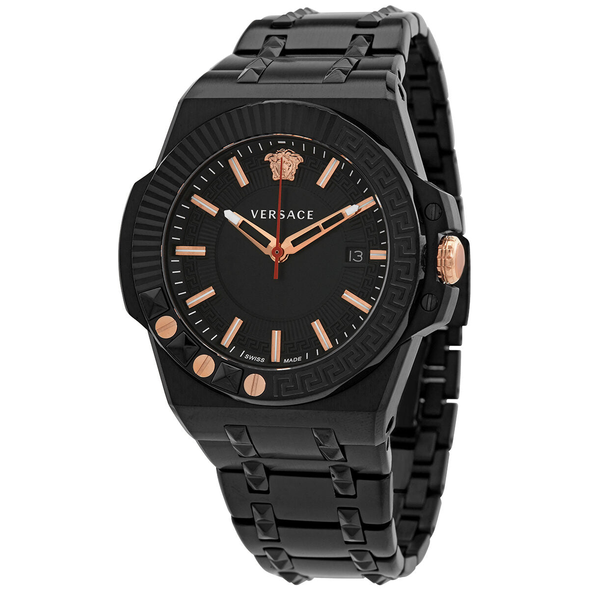 Versace Chain Reaction men's watch with black dial, rose gold hands and hour markers, black steel bracelet