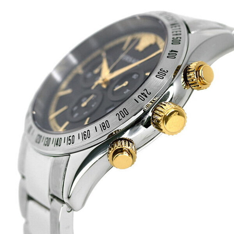 Angled side view of Versace Chronograph Classic showing silver bracelet and gold chronograph pushers