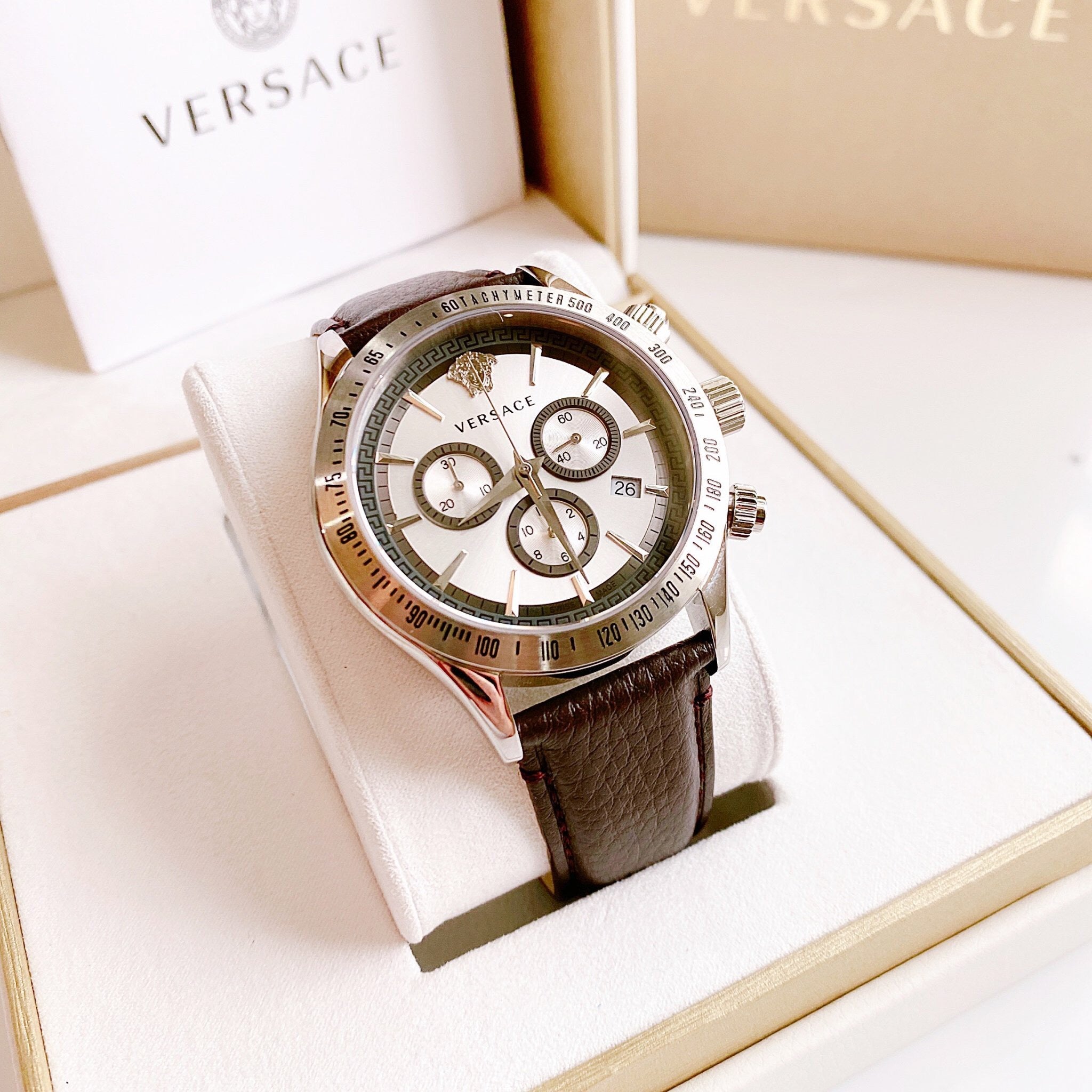 Versace Classic Chronograph Quartz Silver Dial Brown Leather Strap Men's Watch - VEV700119