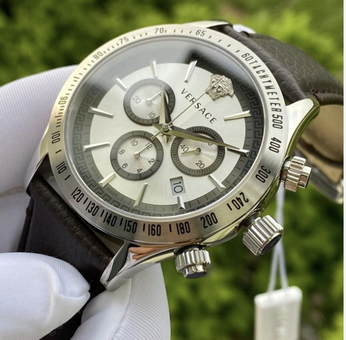 Versace Classic Chronograph Quartz Silver Dial Brown Leather Strap Men's Watch - VEV700119