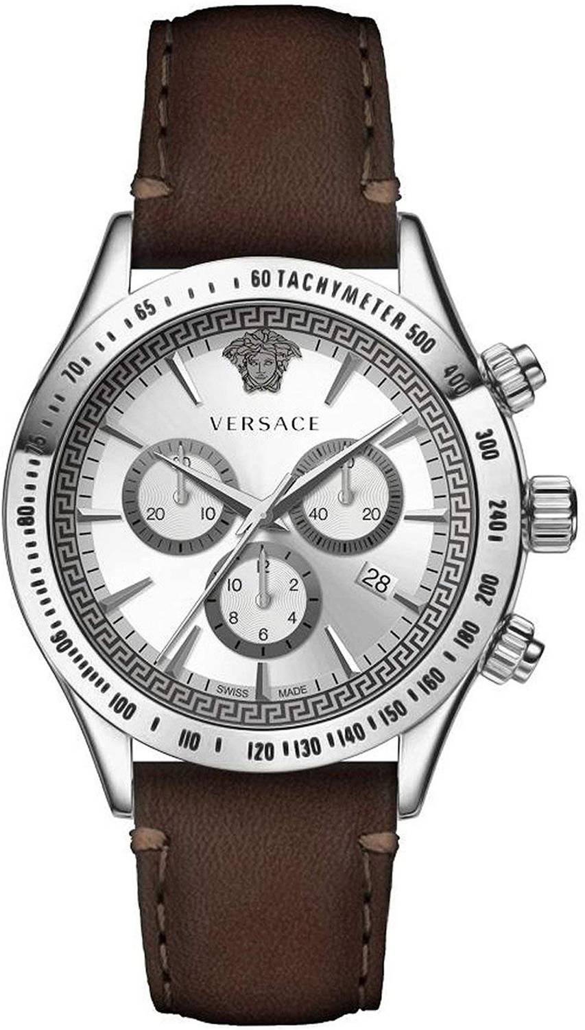 Versace Classic Chronograph Quartz Silver Dial Brown Leather Strap Men's Watch - VEV700119