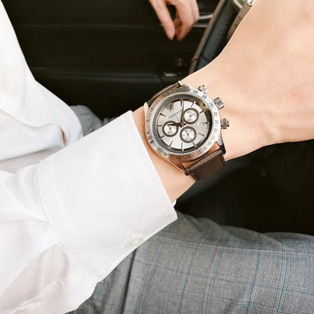 Versace Classic Chronograph Quartz Silver Dial Brown Leather Strap Men's Watch - VEV700119