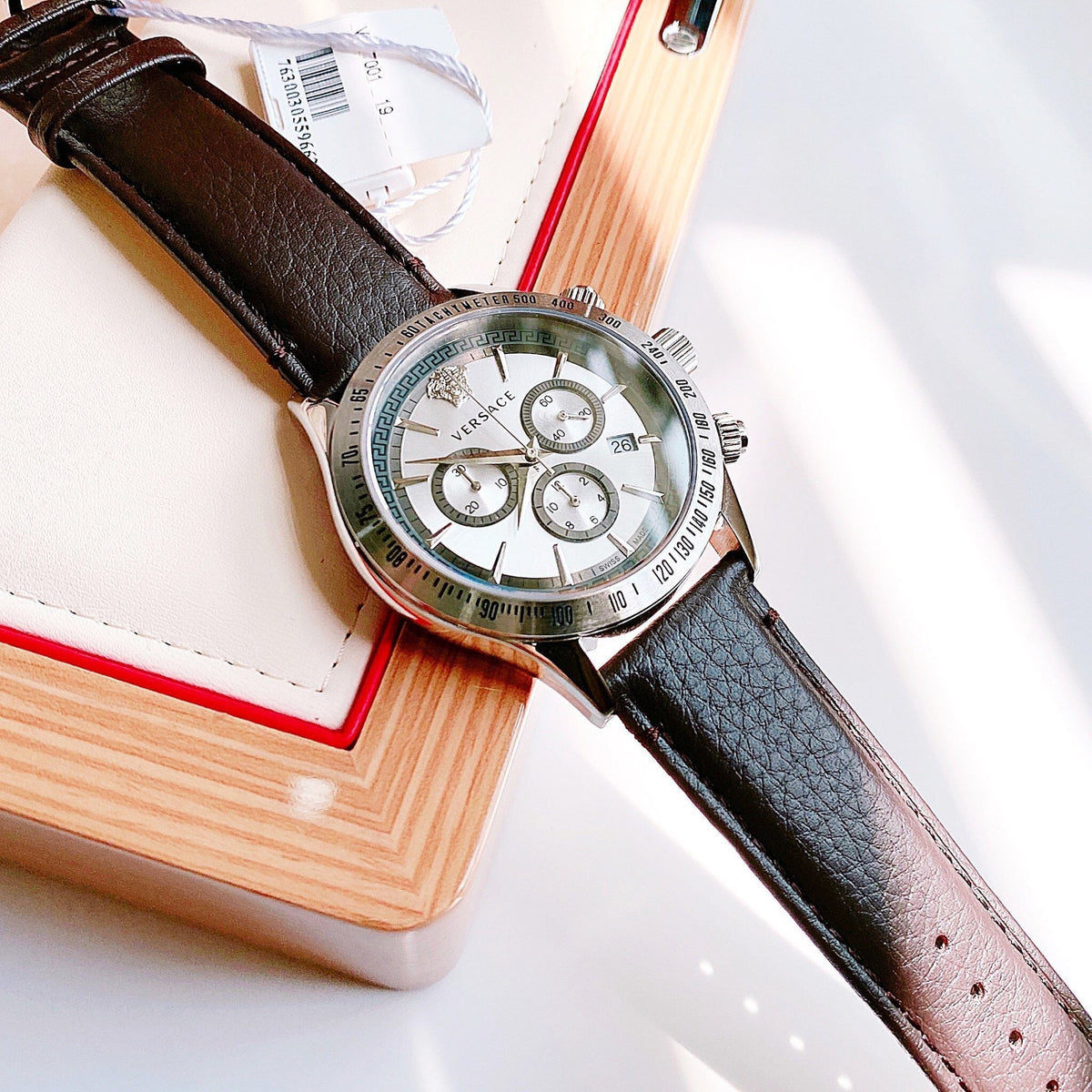 Versace Classic Chronograph Quartz Silver Dial Brown Leather Strap Men's Watch - VEV700119