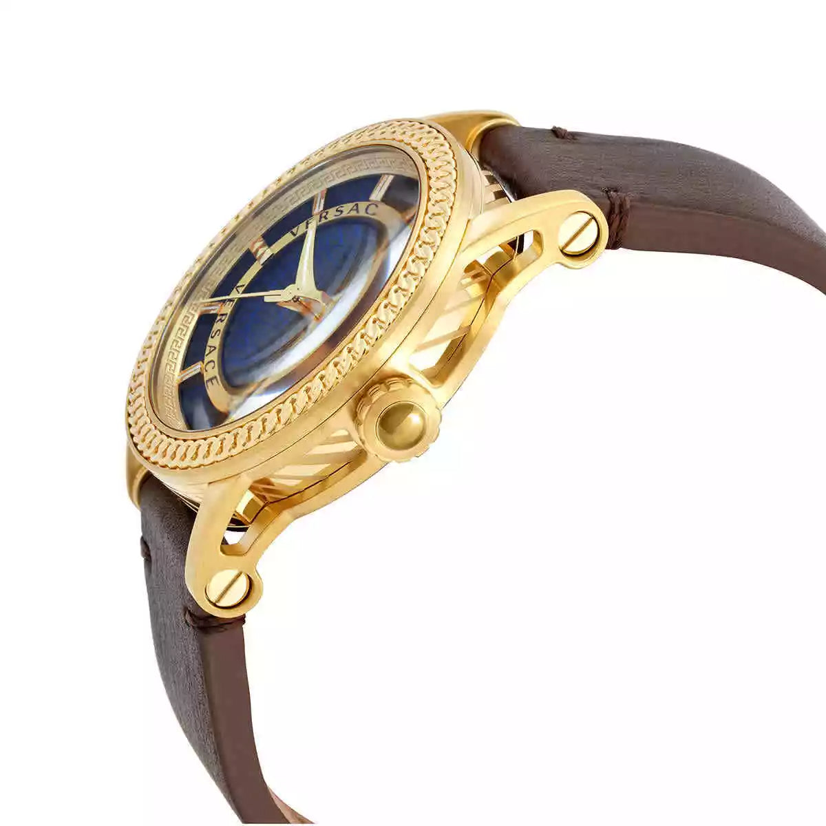 Side angle view of Versace Code watch showing gold case and brown leather strap
