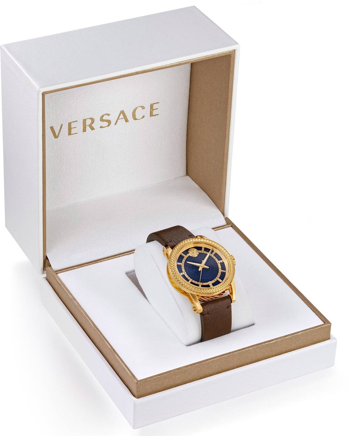 Versace Code watch in white and tan presentation box with Versace branding
