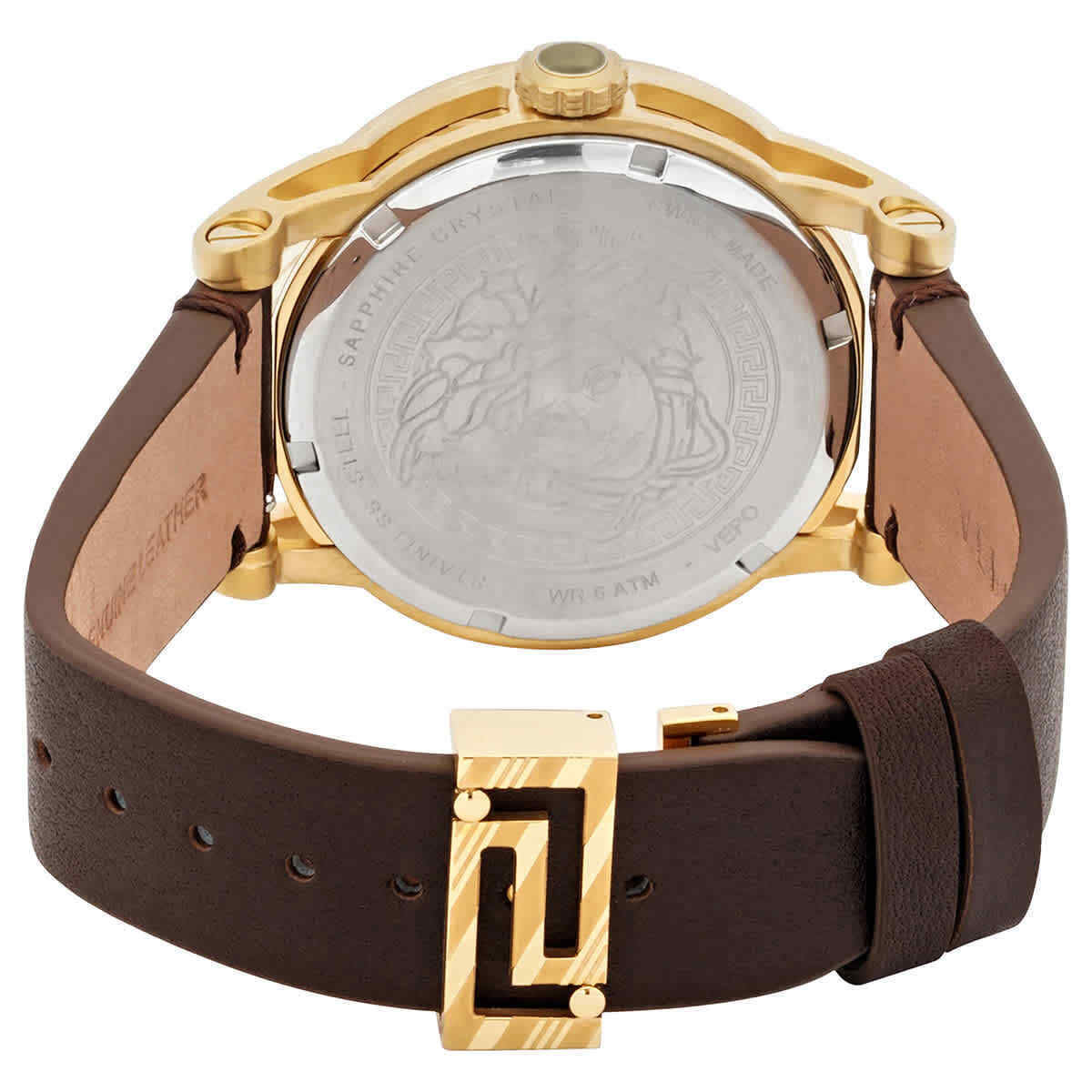 Versace Code watch back view with engraved case and brown leather strap