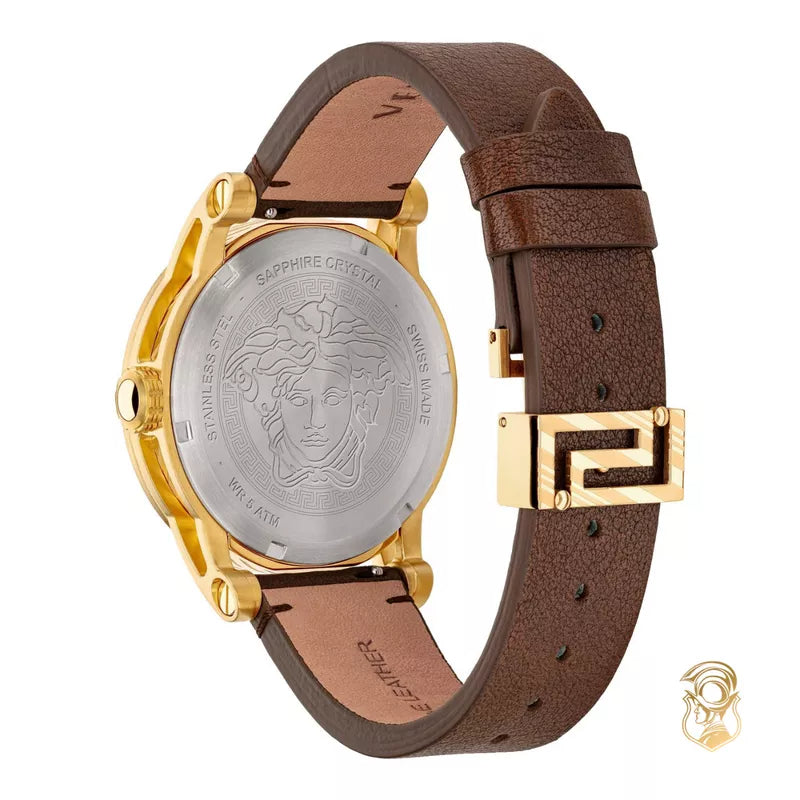 Versace Code watch caseback showing engraved Medusa head and brown leather strap