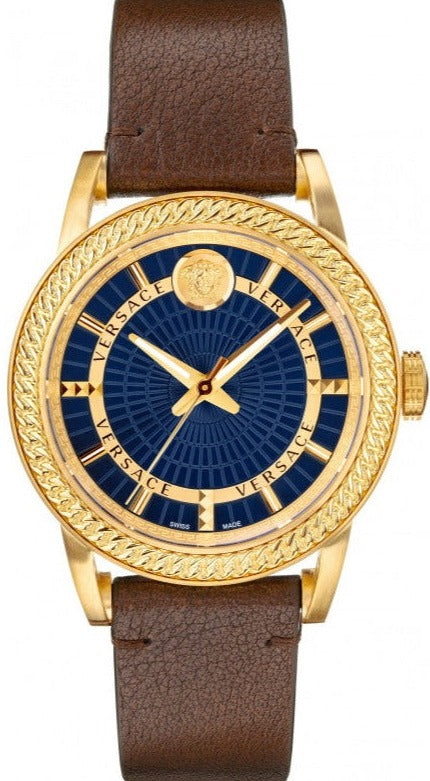Versace Code quartz watch with blue dial, gold case, and brown leather strap
