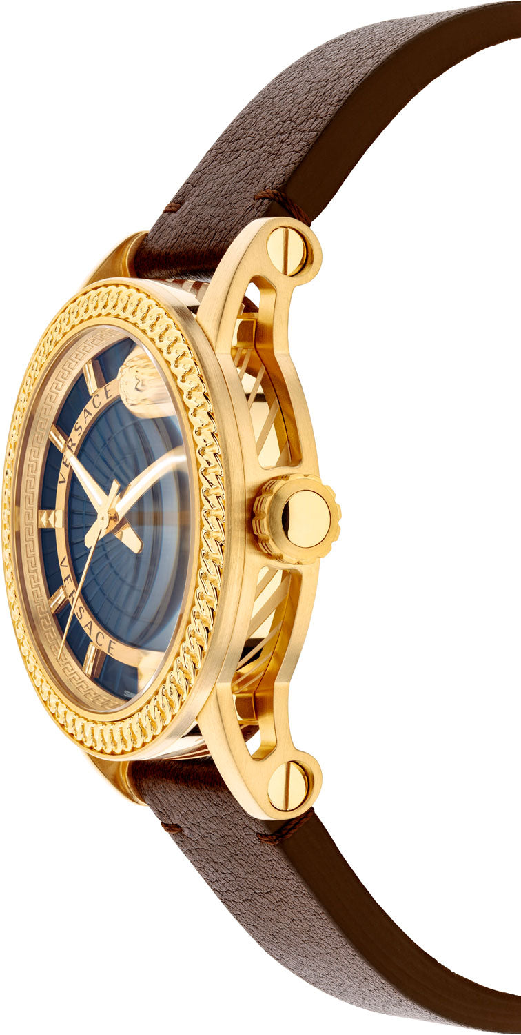 Versace Code watch side profile displaying blue dial and gold lugs