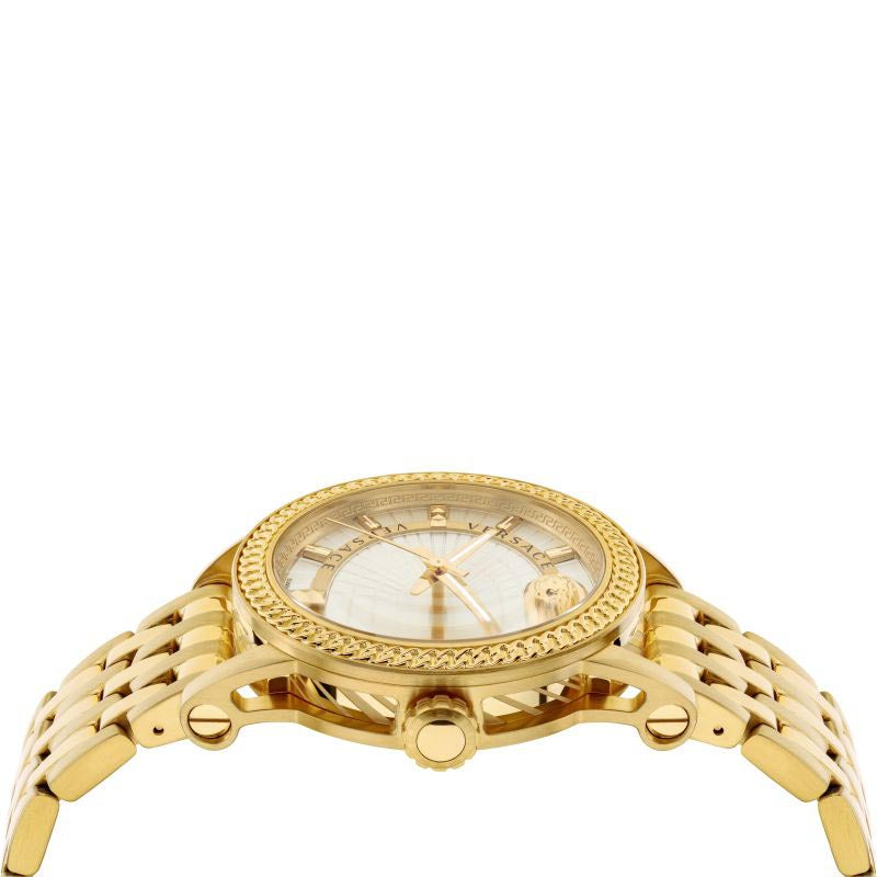 Versace Code watch from angled view showing gold case and silver dial detail