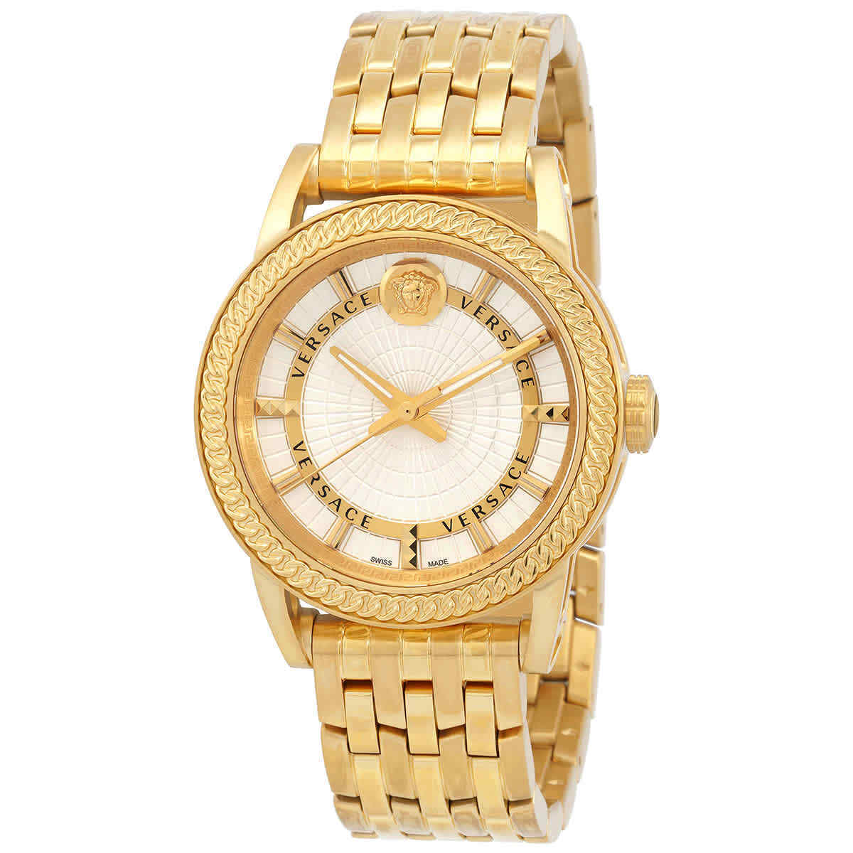 Versace Code gold-tone men's watch with silver dial and ornamental bezel, front view