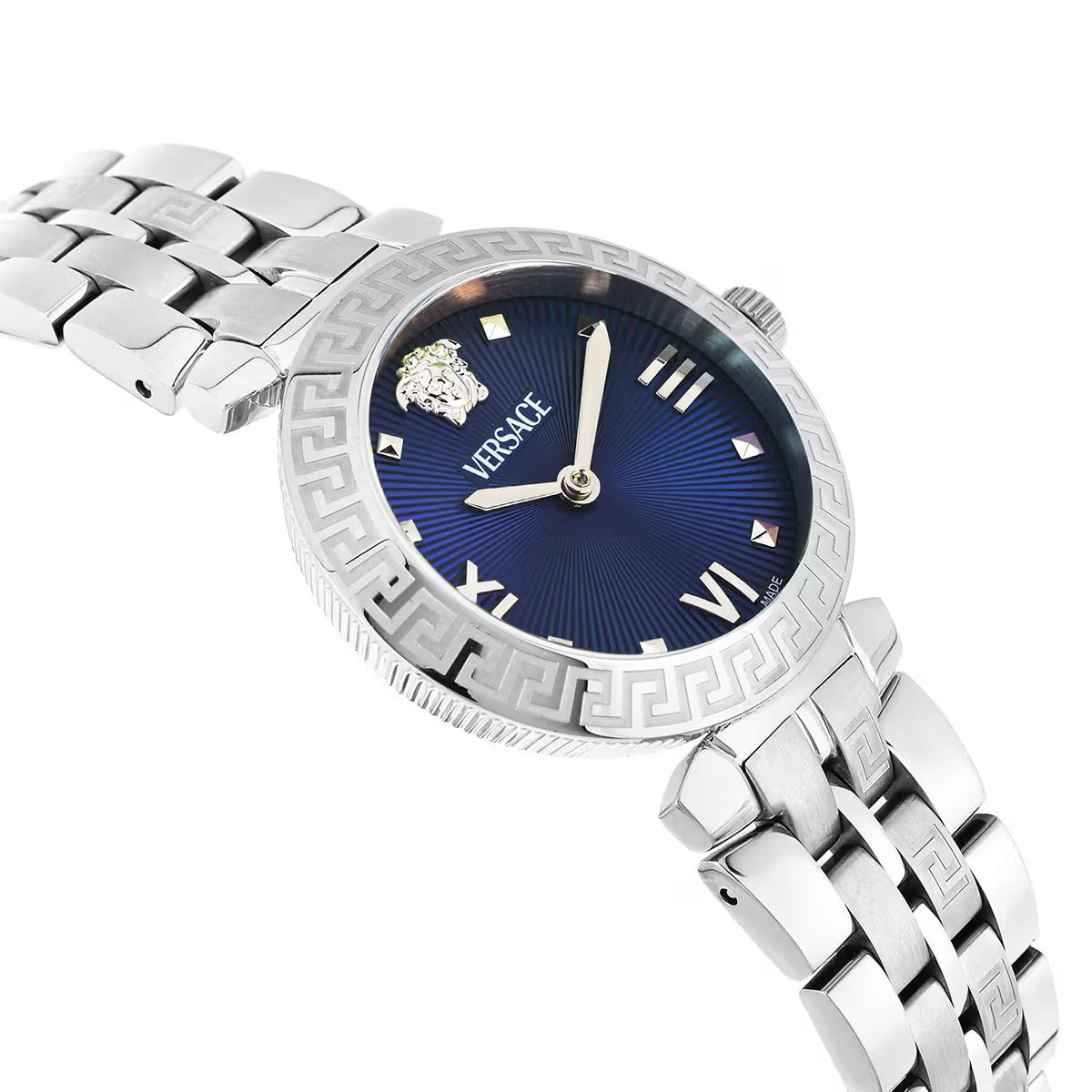 Versace Daphnis watch at angle showing blue dial with Roman numerals and silver steel link bracelet