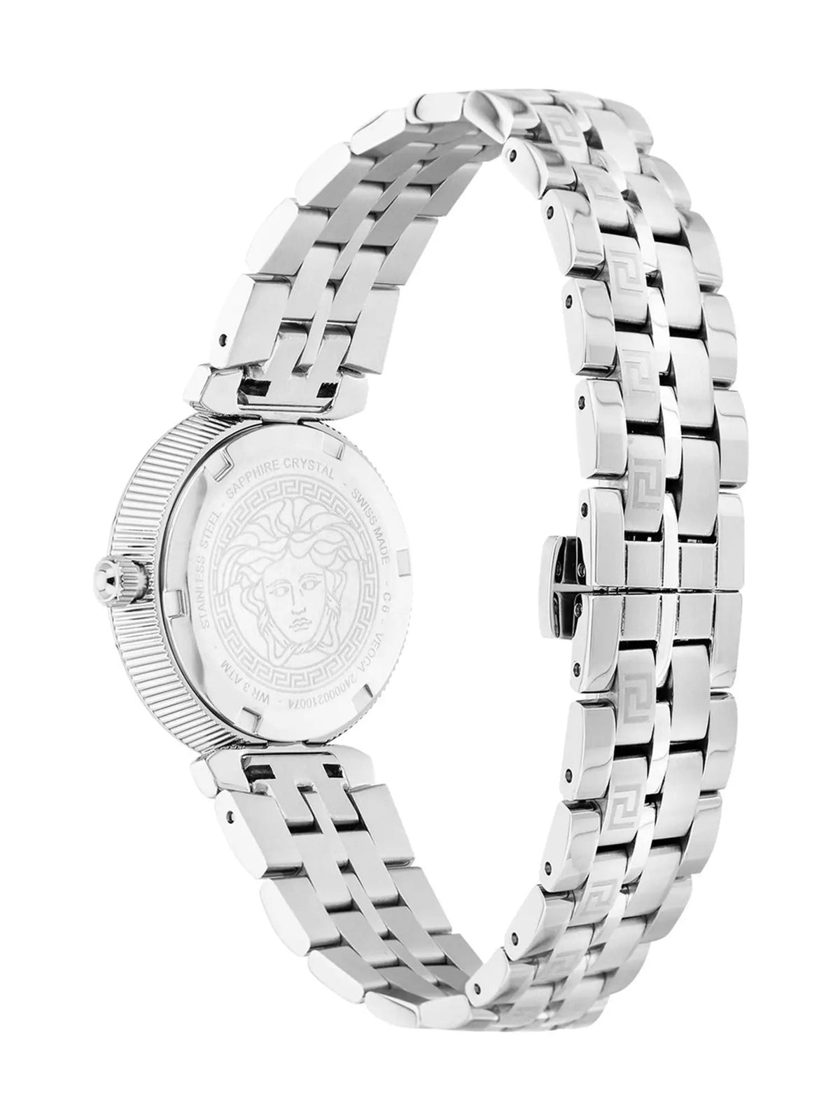 Versace Daphnis caseback showing engraved Medusa head logo and screw-down case back