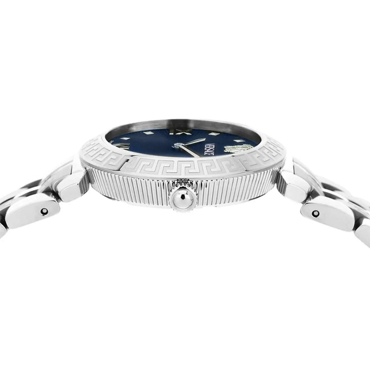 Side view of Versace Daphnis watch showing Greek key bezel and lugs