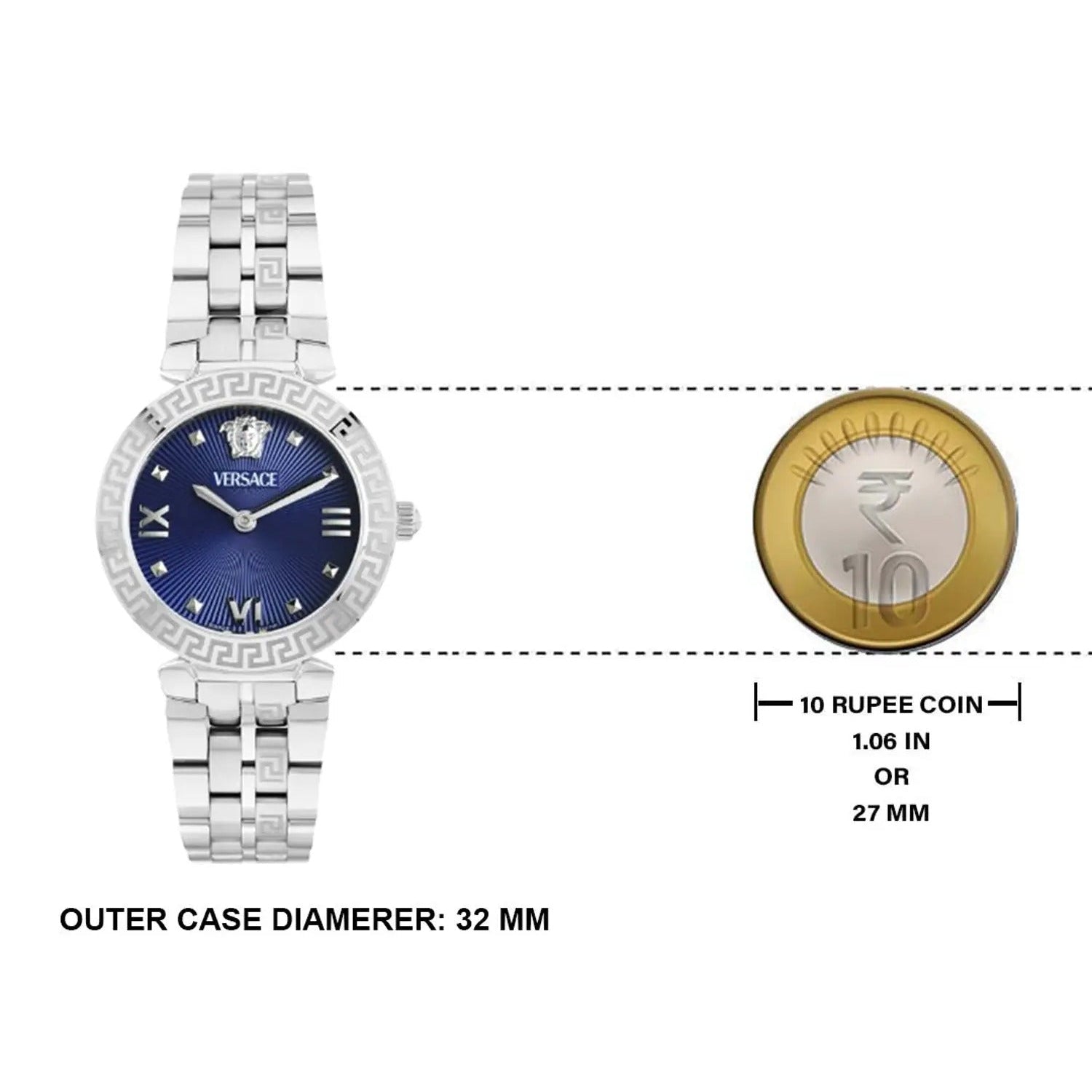 Versace Daphnis watch size comparison showing 32mm case diameter next to Indian Rupee coin