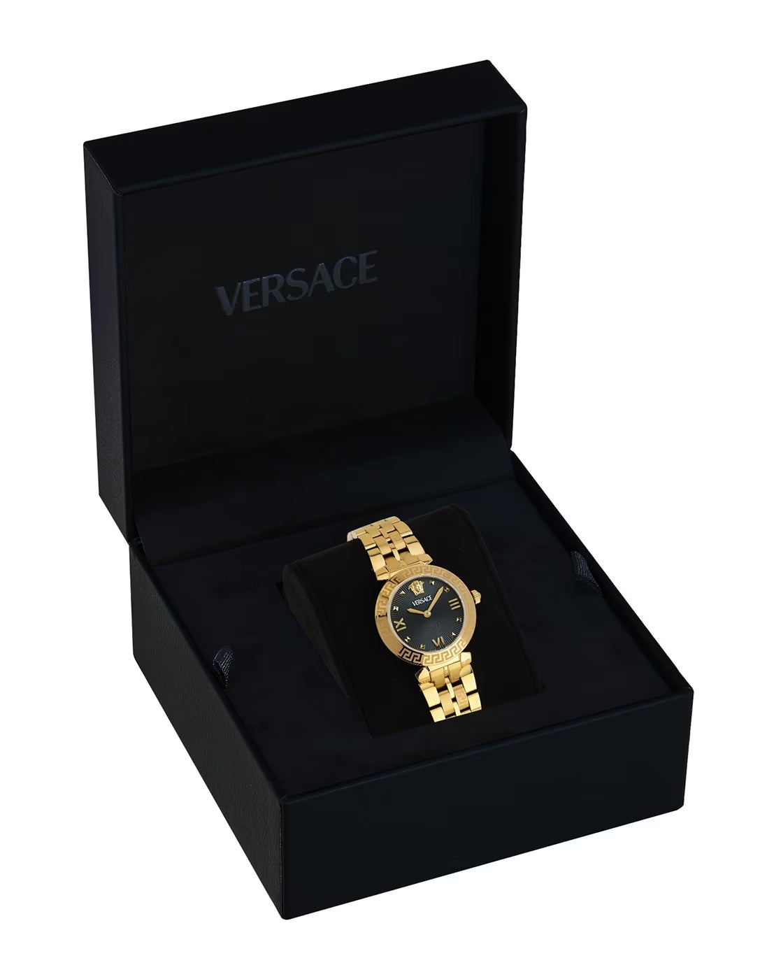 Versace Daphnis watch in black presentation box with Versace branding
