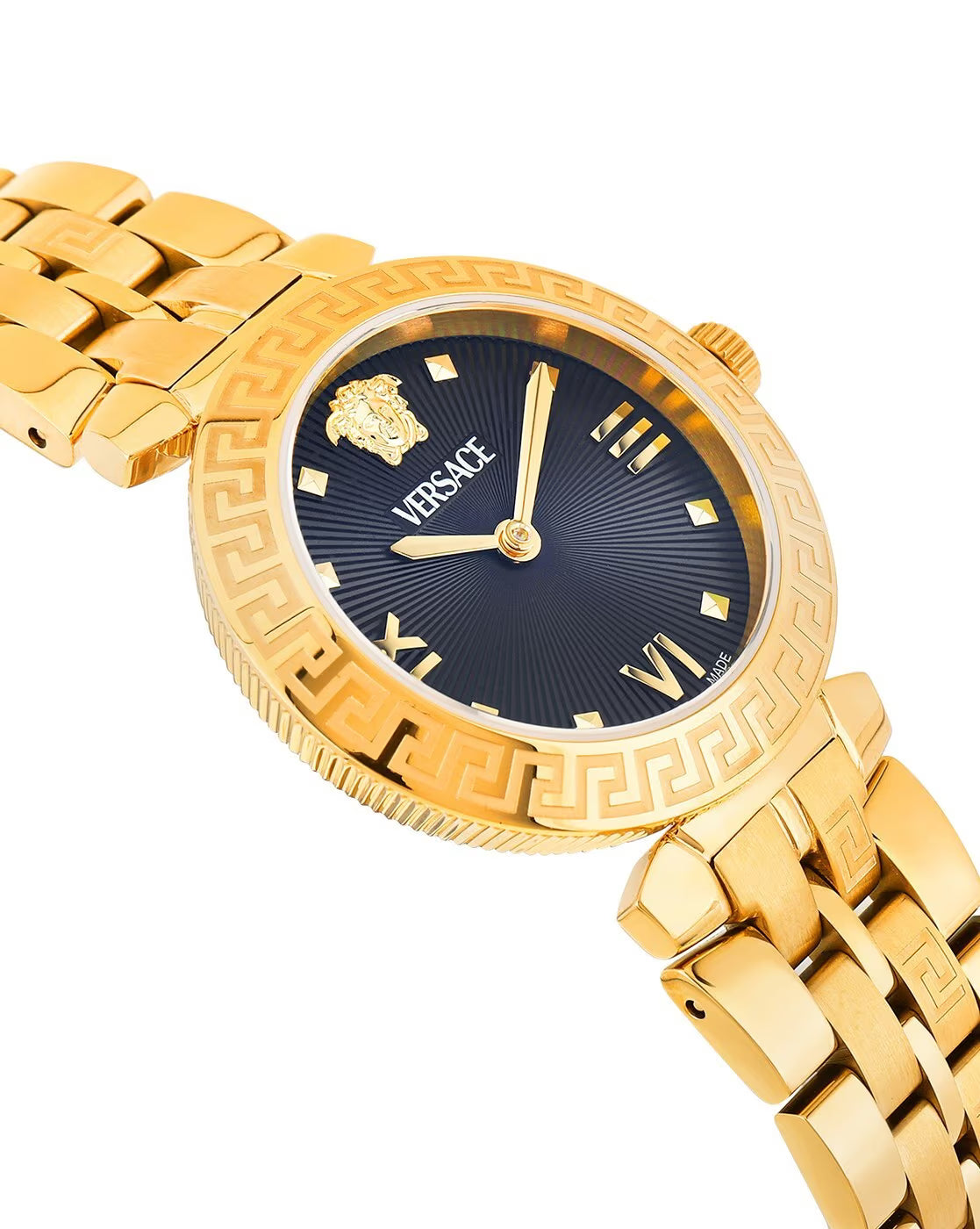 Close-up of Versace Daphnis dial with black face, gold hour markers, and Versace logo