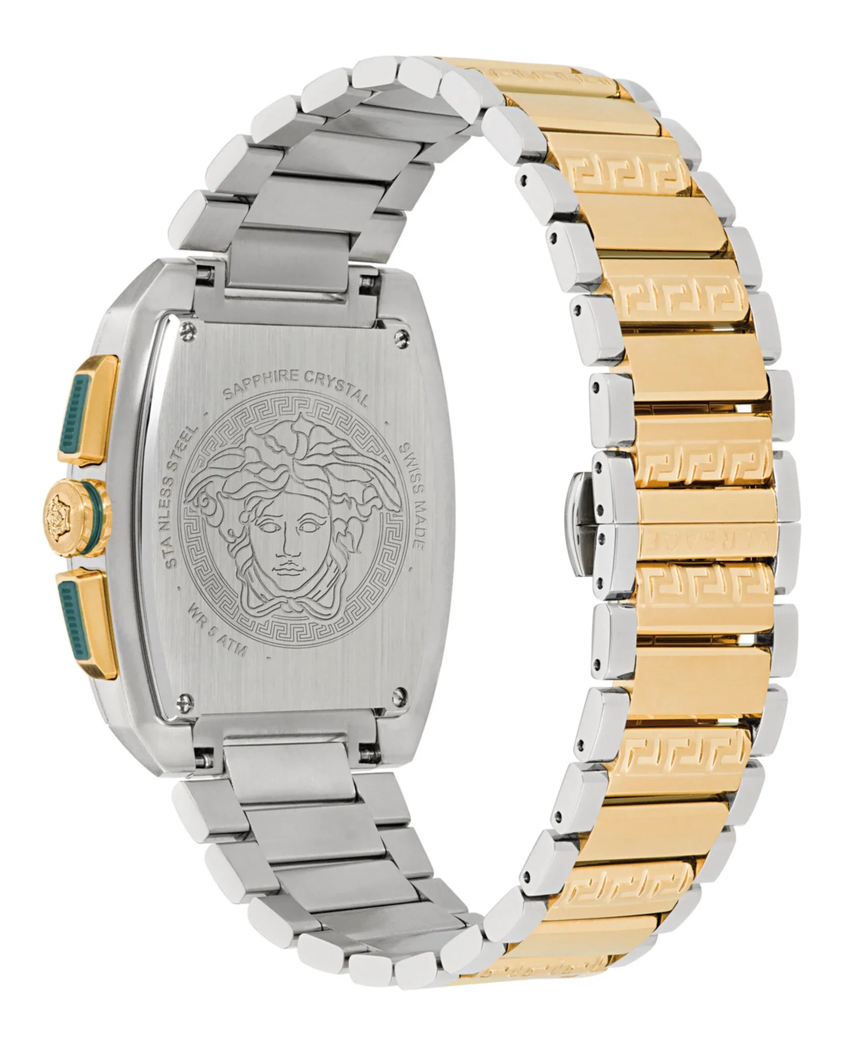 Versace Dominus Chronograph case back showing Medusa medallion and two-tone stainless steel bracelet