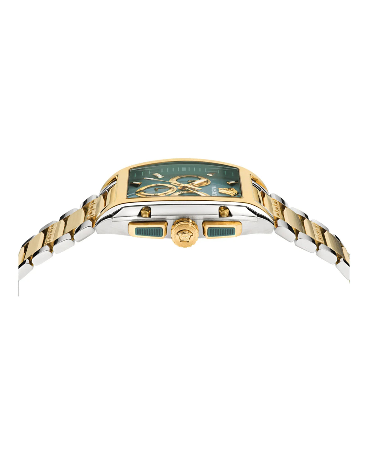 Versace Dominus Chronograph side view showing case profile and two-tone bracelet