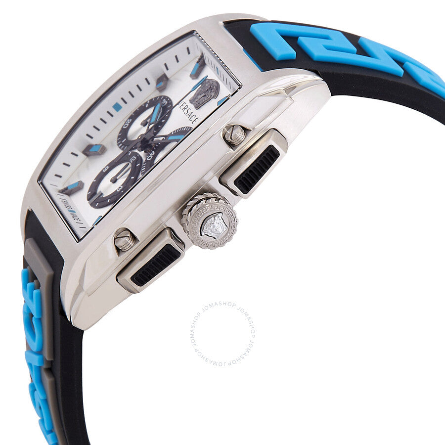 Side angled view of Versace Dominus chronograph with stainless steel case and blue rubber strap