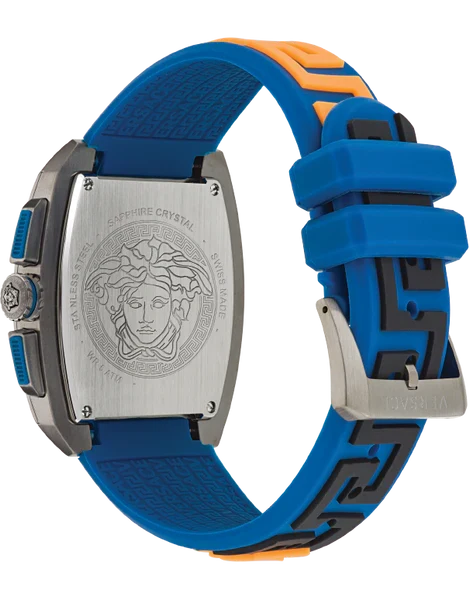 Versace Dominus stainless steel caseback featuring Medusa head relief design and blue rubber strap