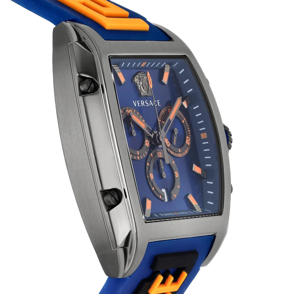 Side profile of Versace Dominus chronograph showing stainless steel case with pushers and blue rubber strap