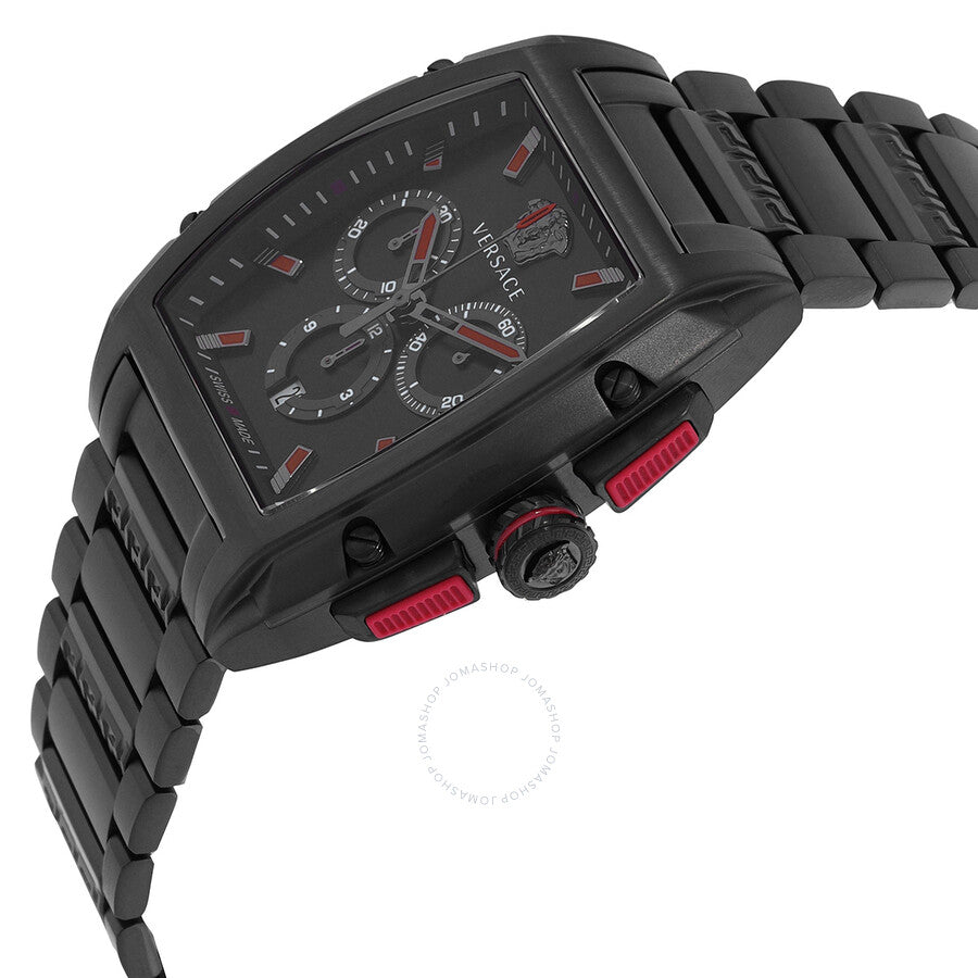Versace Dominus chronograph watch angled view showing black bracelet and red pushers