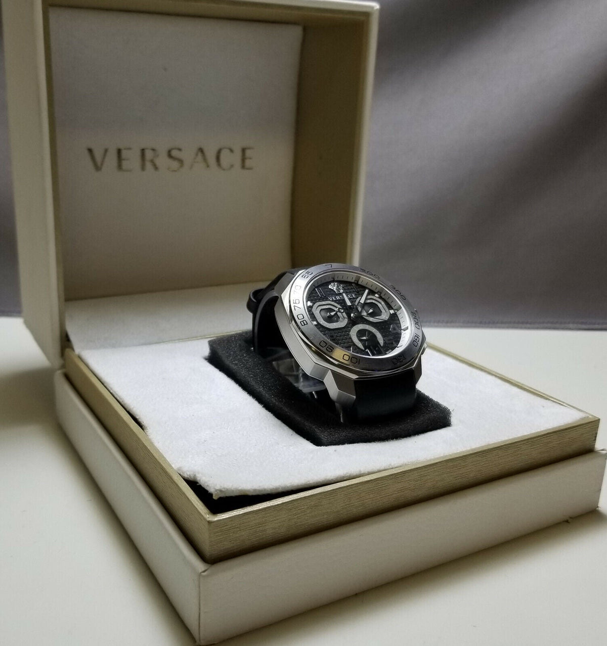 Versace Dylos Chronograph Date Black Leather Band Men's Watch - VQC010015
