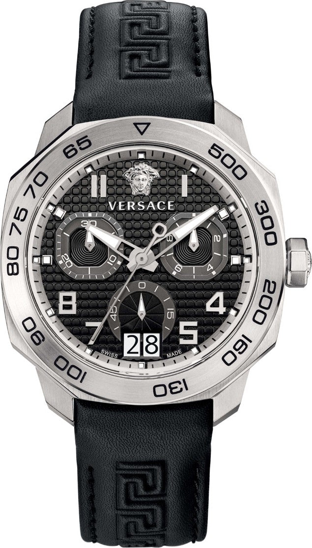 Versace Dylos Chronograph Date Black Leather Band Men's Watch - VQC010015
