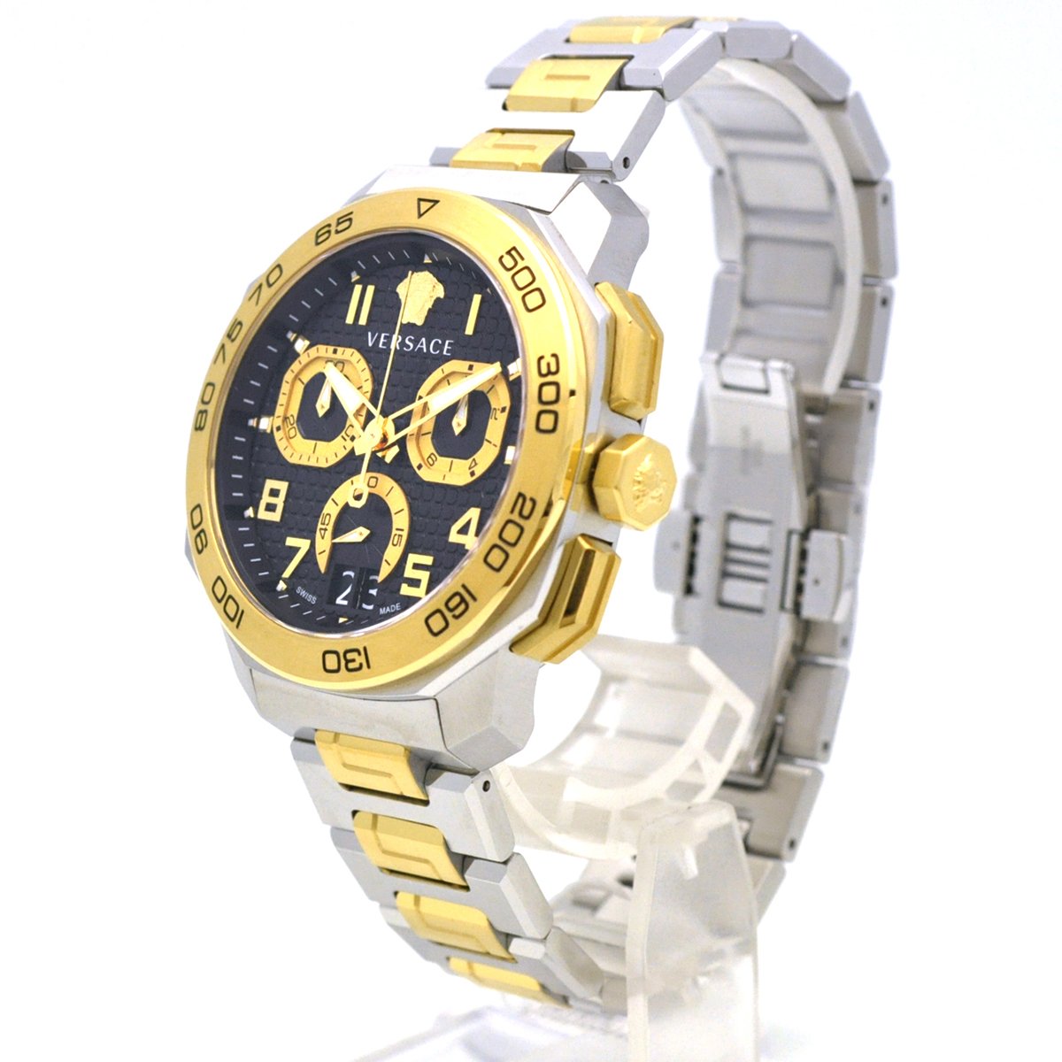 Versace Dylos Chronograph Black Dial Two Tone Steel Strap Men Watch - VQC100016
