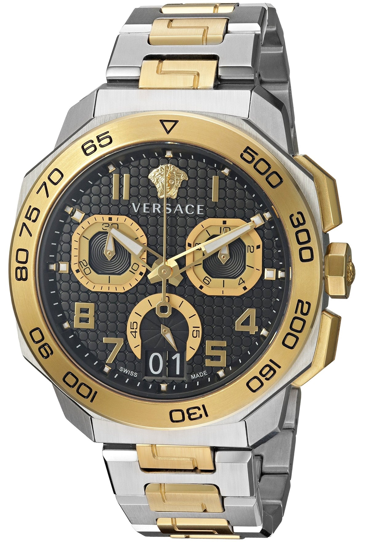 Versace Dylos Chronograph Black Dial Two Tone Steel Strap Men Watch - VQC100016