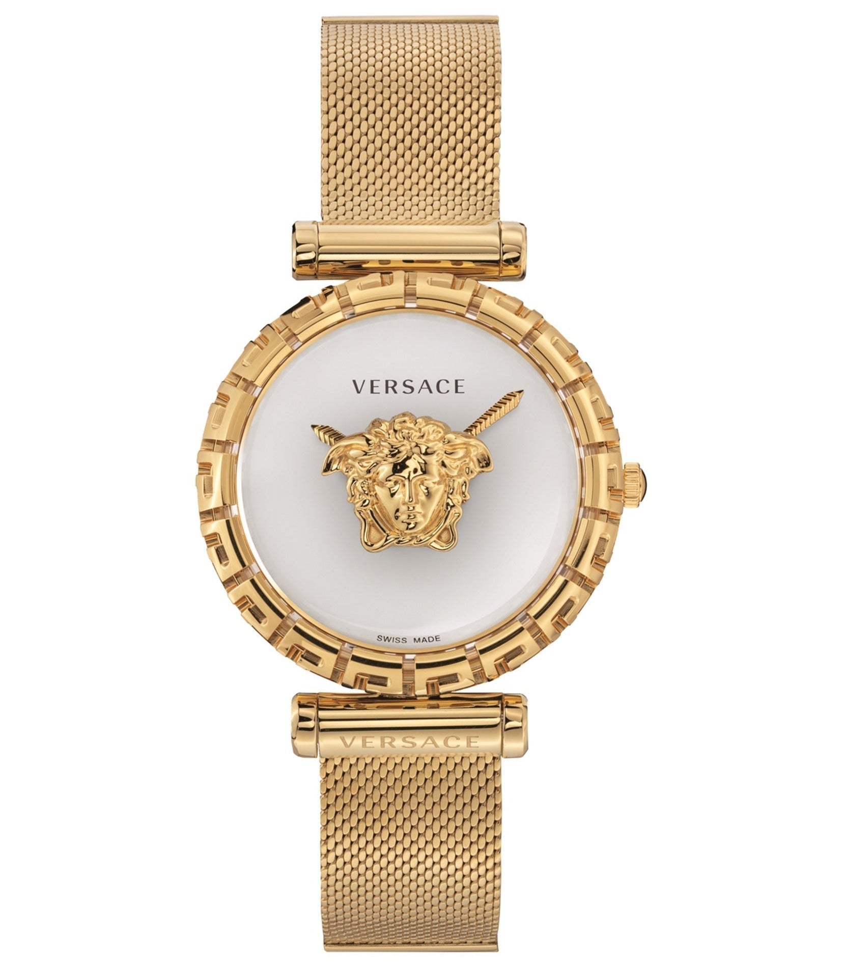 Versace Empire Greca gold women's watch with white dial, Medusa head logo, and mesh strap