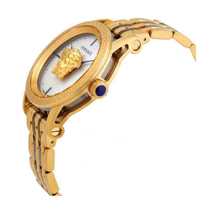 Versace Empire watch angle view showing Greek key bezel, white dial, and gold bracelet
