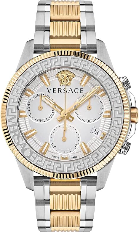 Versace Greca Action chronograph men's watch with two-tone steel and gold bracelet, white dial, and Medusa logo