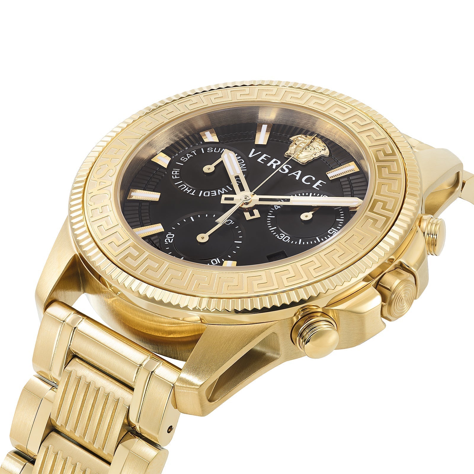 Gold chronograph watch at angle showing case, dial, and link bracelet