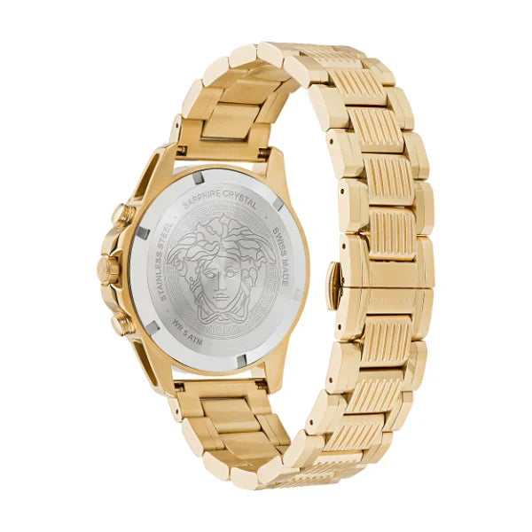Versace Greca Action watch caseback showing Medusa head emblem
