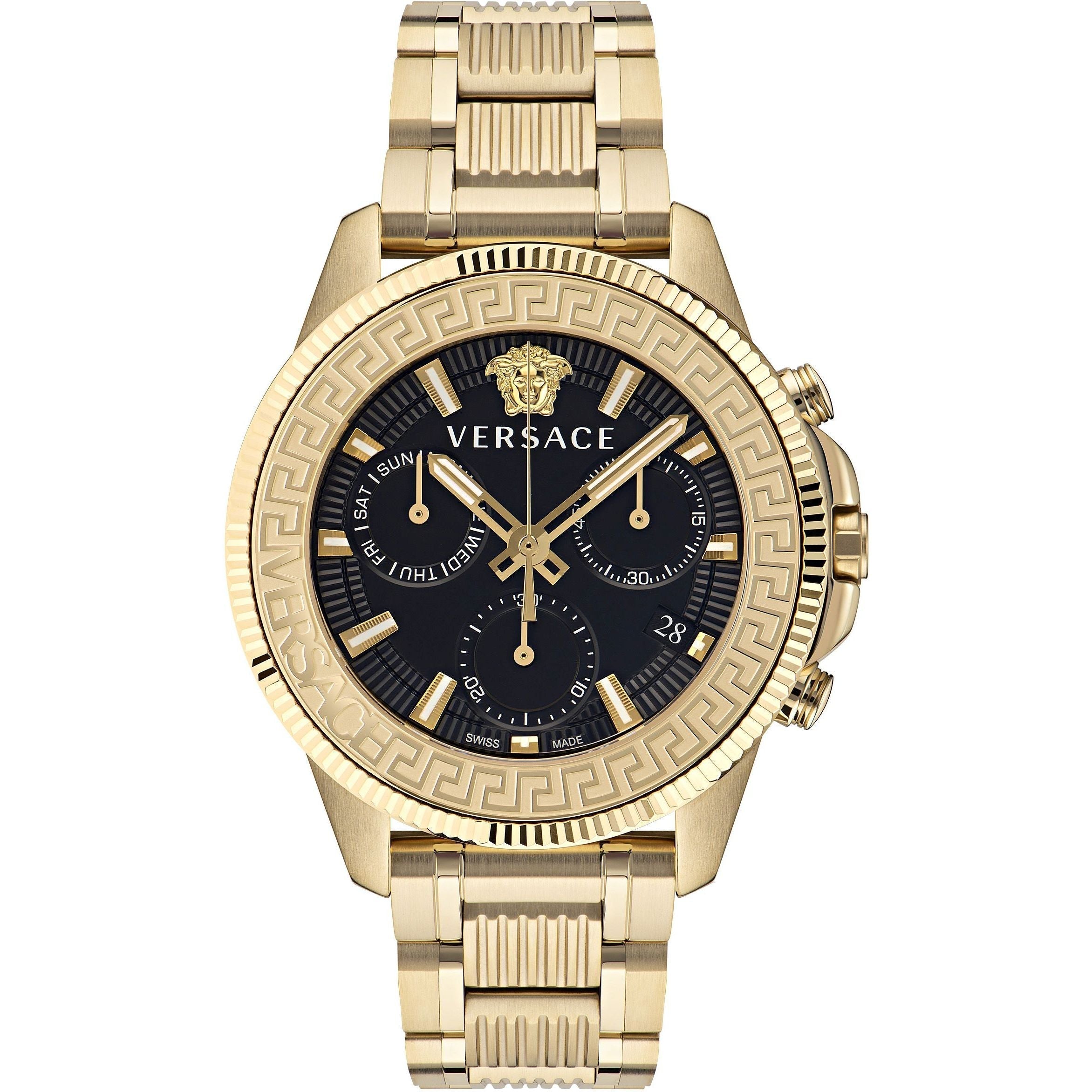 Versace Greca Action gold chronograph watch with black dial and Greek key bezel