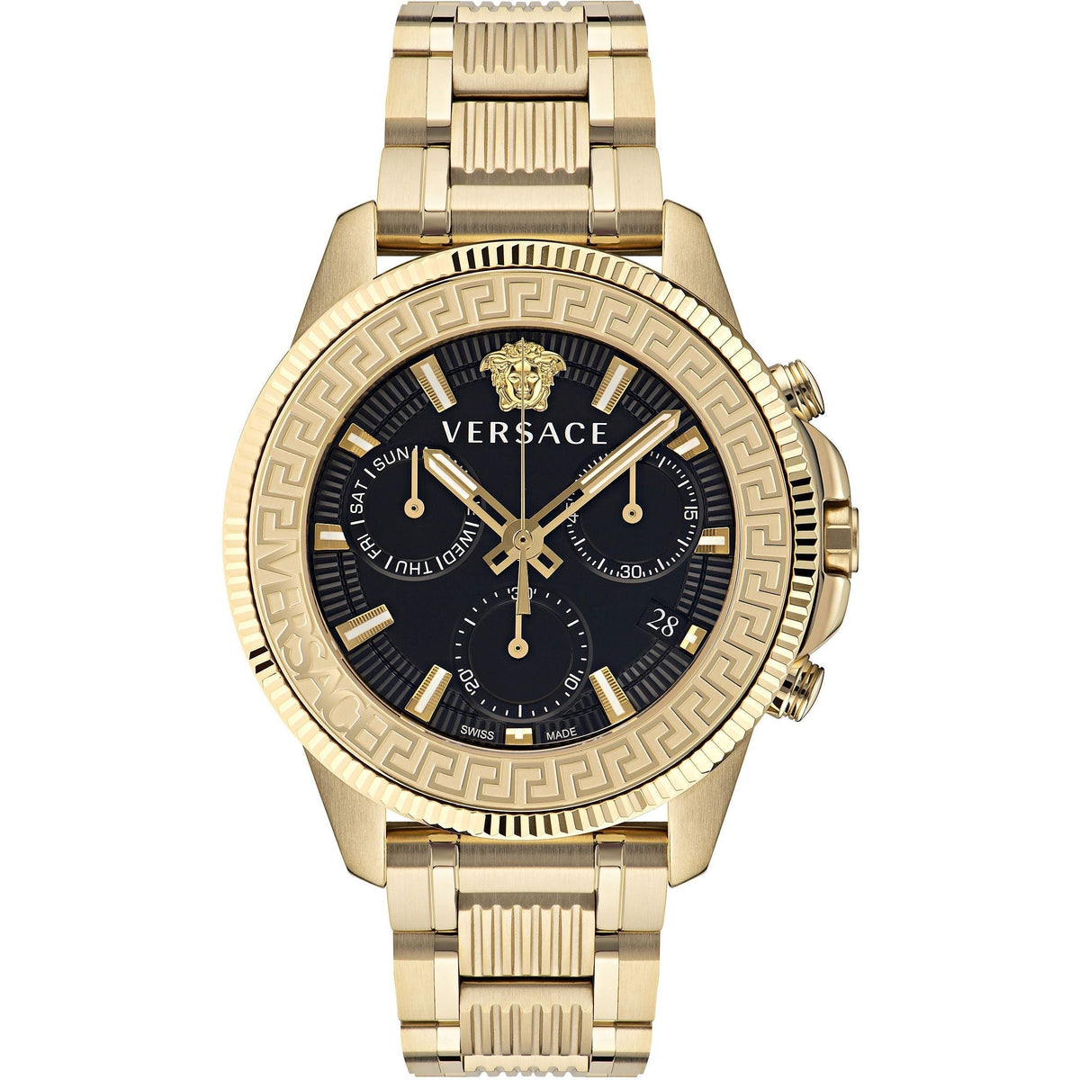 Versace Greca Action gold chronograph watch with black dial and Greek key bezel