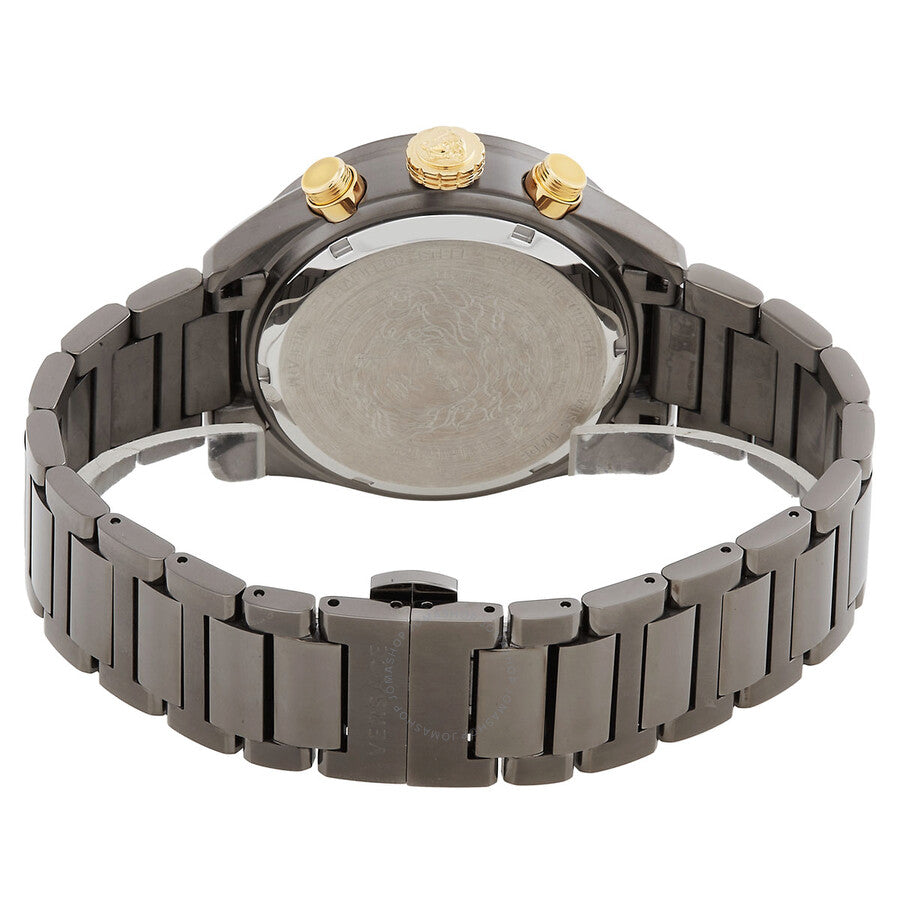Caseback view of Versace Greca Dome Chronograph showing gunmetal steel case back and three-link steel bracelet