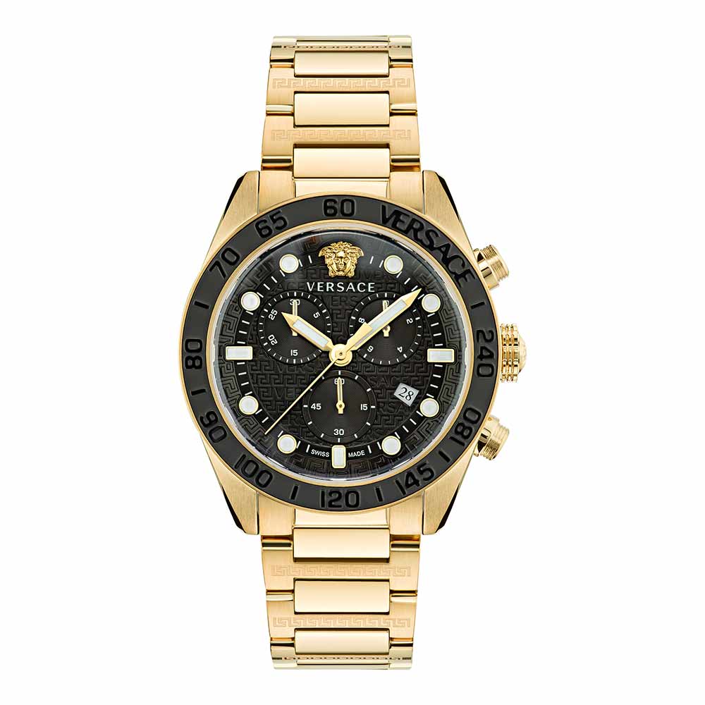 Versace Greca Dome chronograph watch with black dial, gold case, and gold bracelet, front view
