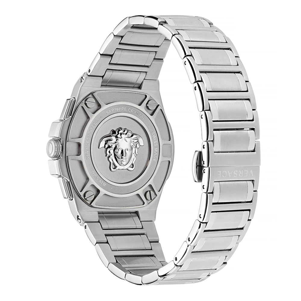 Versace Greca Extreme watch showing case back with Medusa emblem and stainless steel bracelet side view
