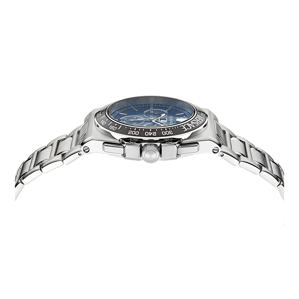 Versace Greca Extreme Chronograph watch displayed on bracelet from side profile