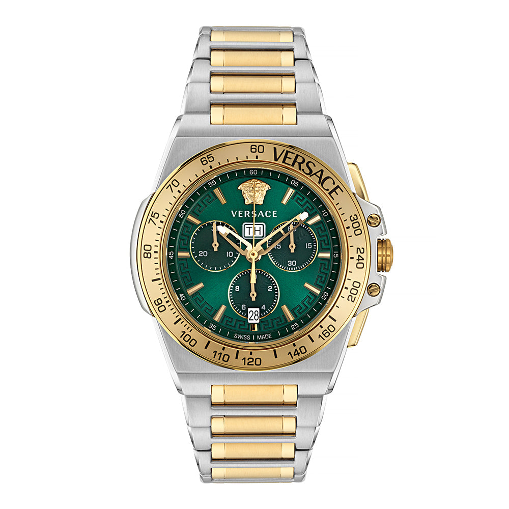 Versace Greca Extreme Chronograph with two-tone stainless steel bracelet and green dial