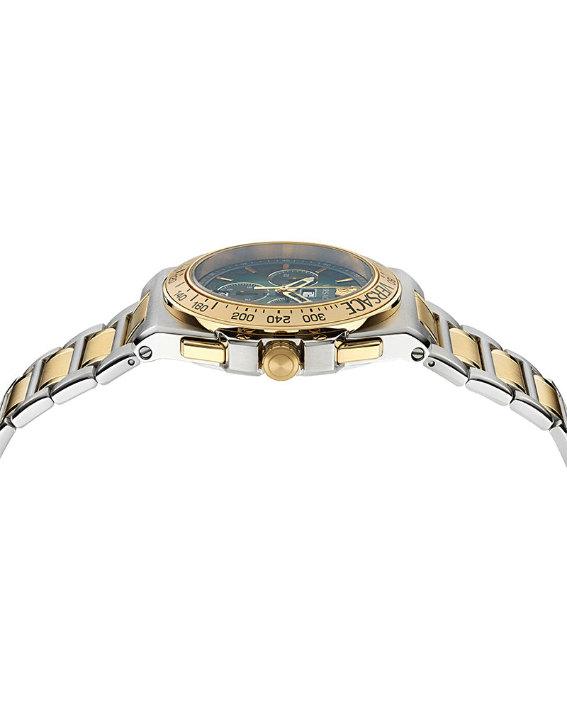 Versace Greca Extreme chronograph watch with two-tone stainless steel bracelet viewed from side